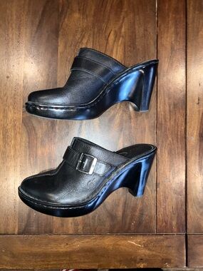 Born Black Leather Mule Heels with Buckle Accent